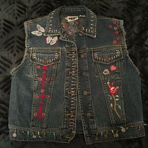 Vintage DKNY Denim Vest Jean Jacket Floral Embroidered 90s Fashion